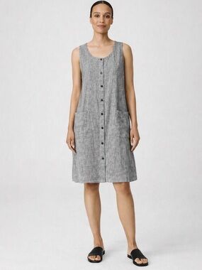 Eileen Fisher Hemp Organic Cotton Stripe Dress Sleeveless Button Front Pockets M